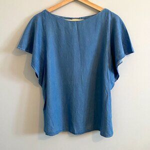 Massimo Dutti Blue Chrambray Flutter Sleeve T-Shirt Blouse Lyocell Boatneck Boxy